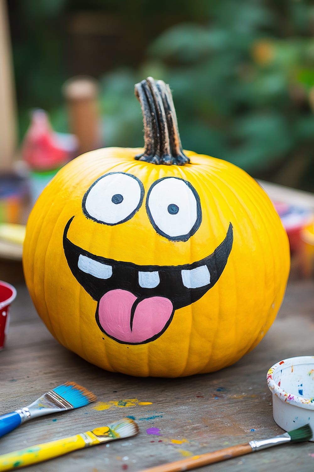 A bright yellow pumpkin with a painted cartoonish face. The face includes large, wide eyes, a big smiling mouth with visible white teeth, and a pink tongue sticking out. The pumpkin is on a wooden table, surrounded by colorful paintbrushes and containers of paint.