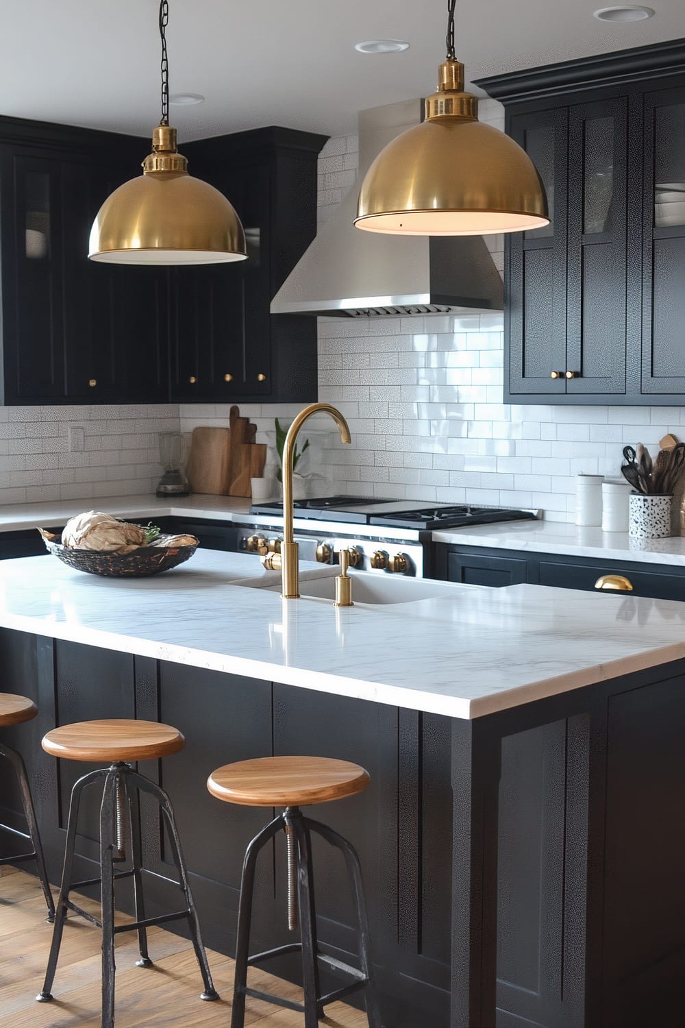 A modern kitchen features a central island with a white marble countertop. Overhead, two large brass pendant lights hang, casting a warm glow. The island has an integrated sink with a sleek brass faucet. Wooden stools with metal frames are placed in front of the island. The cabinets are dark with gold hardware, and the backsplash is made of white subway tiles. A stainless steel range hood and various kitchen utensils are visible in the background.