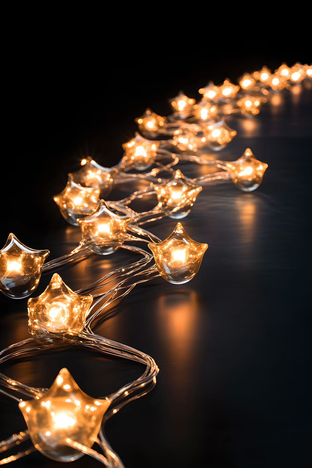 A stunning display of twenty warm white string lights cascading in a wave formation from the top left to the bottom right against a matte black background, interspersed with five large gold star-shaped bulbs adding glamour to the scene.