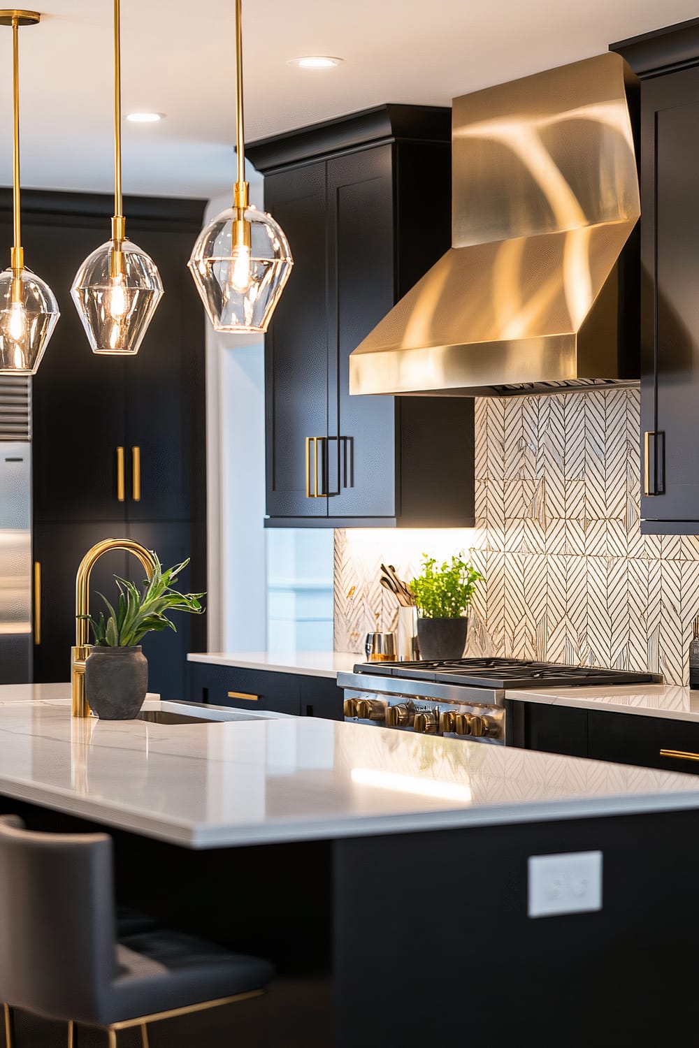 A luxury kitchen featuring sleek black cabinetry with brass handles, complemented by a large kitchen island with a white marble countertop. Above the island hang three modern pendant lights with clear glass shades and brass fixtures. The kitchen also showcases a striking brass range hood and a herringbone-patterned tile backsplash. A modern brass faucet and a small potted plant add a touch of greenery and warmth to the space.