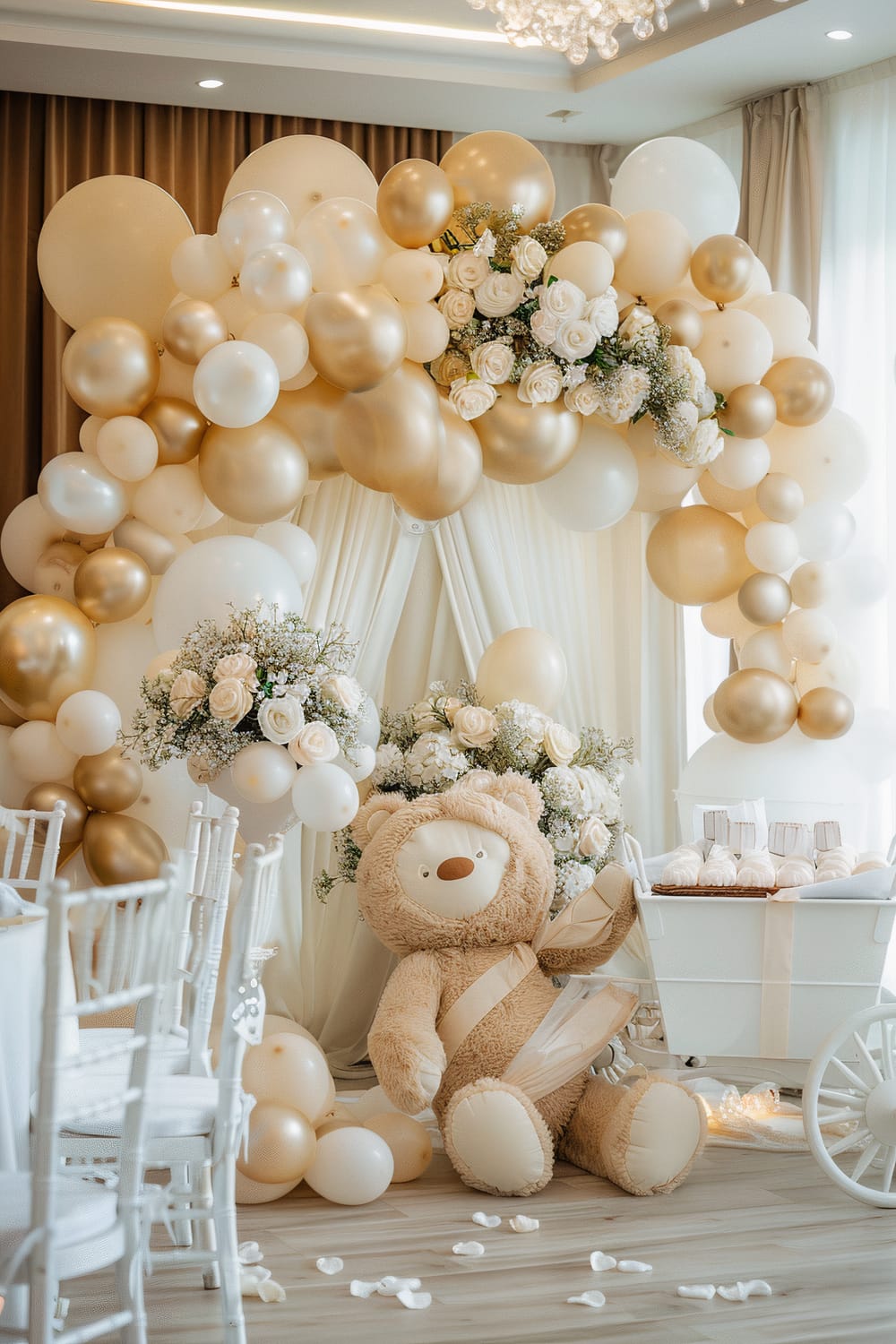 An elegant room decorated for a celebration features an arch made of gold and white balloons, adorned with white roses and greenery. Under the arch, a large teddy bear sits amidst more flowers and balloons. White chairs and a white cart filled with small gifts complete the decor, with a soft light filtering in through light curtains in the background.