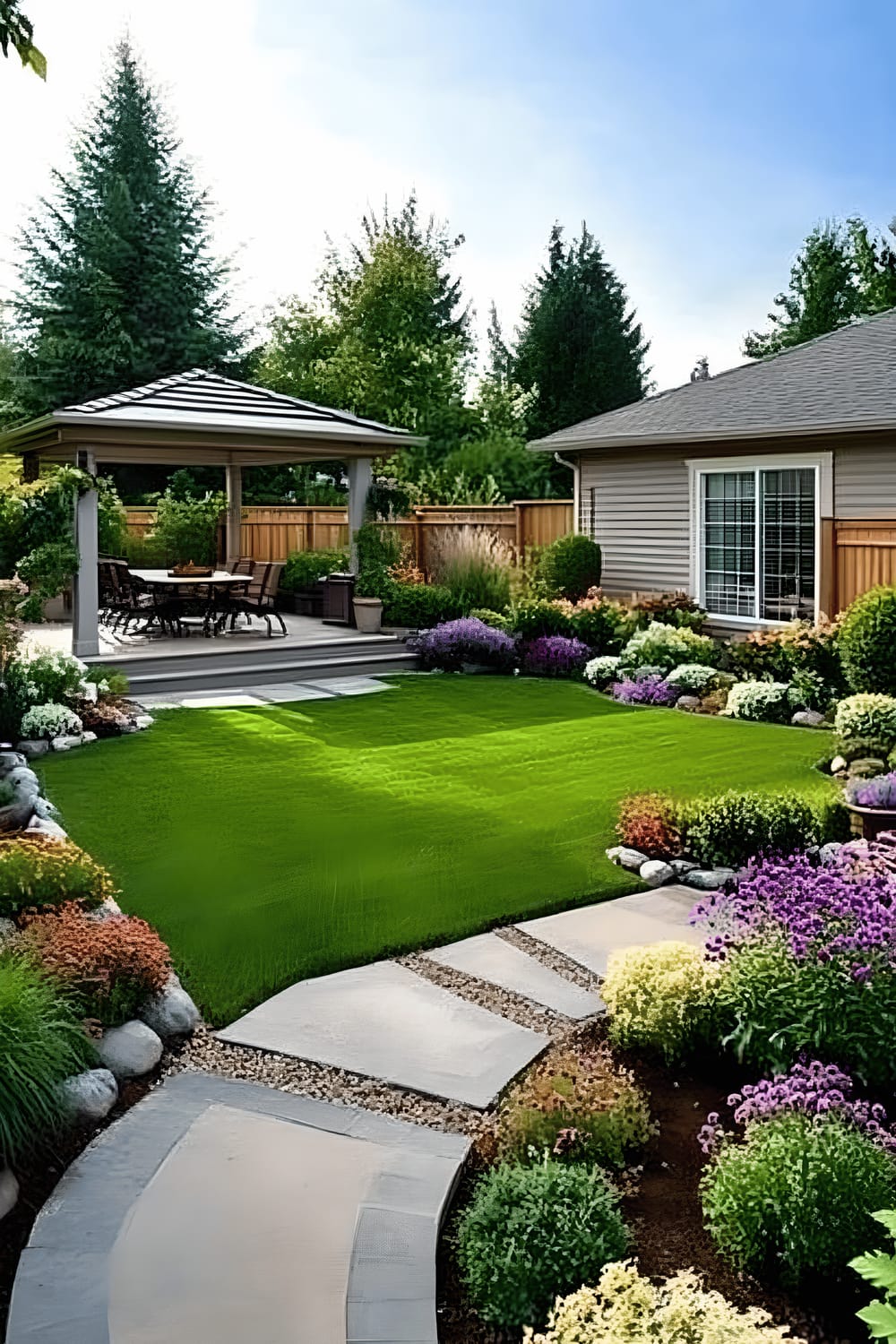 A well-landscaped backyard garden with a large green lawn, bordered by flower beds of colorful blooms, shrubs, and ornamental grasses. A stone pathway winds through the garden, connecting an intimate seating area and a dining ensemble. Potted plants and decorative rocks are placed tactically, adding to the garden's charm. A private wooden fence along with trees and bushes provide privacy to the space. The house's patio is adorned with potted plants complementing the lush garden.