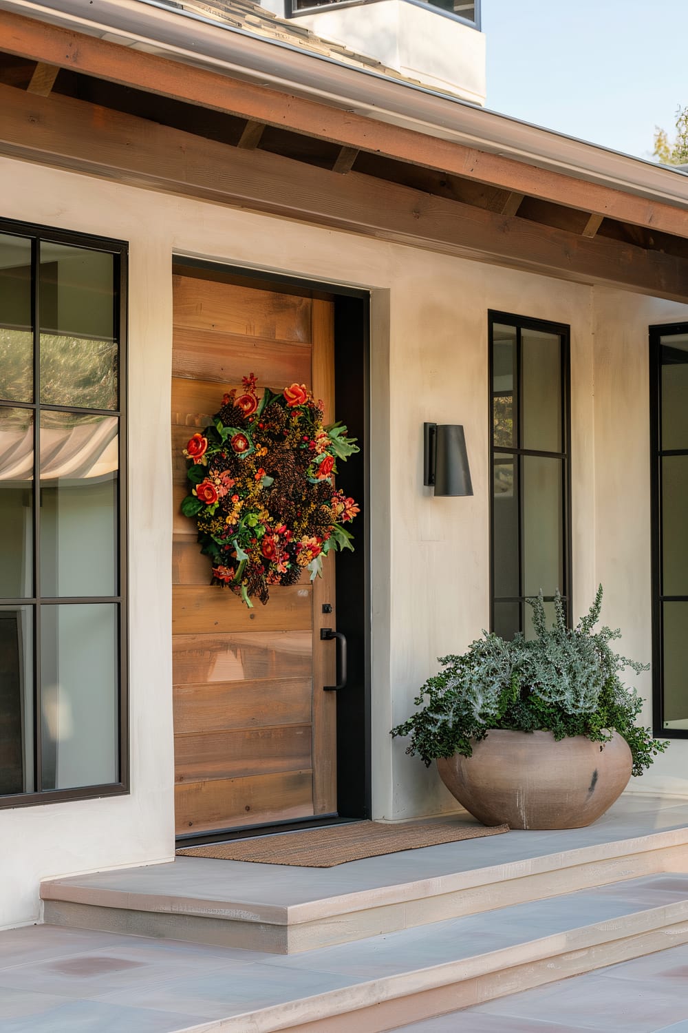 The entrance of a house with a large wooden door adorned with a vibrant floral wreath. On either side of the door are large windows with black frames. A beige stucco exterior complements the door's natural wood. A large potted plant in a clay pot is placed on the right side, and a black wall-mounted light fixture is installed beside the door.