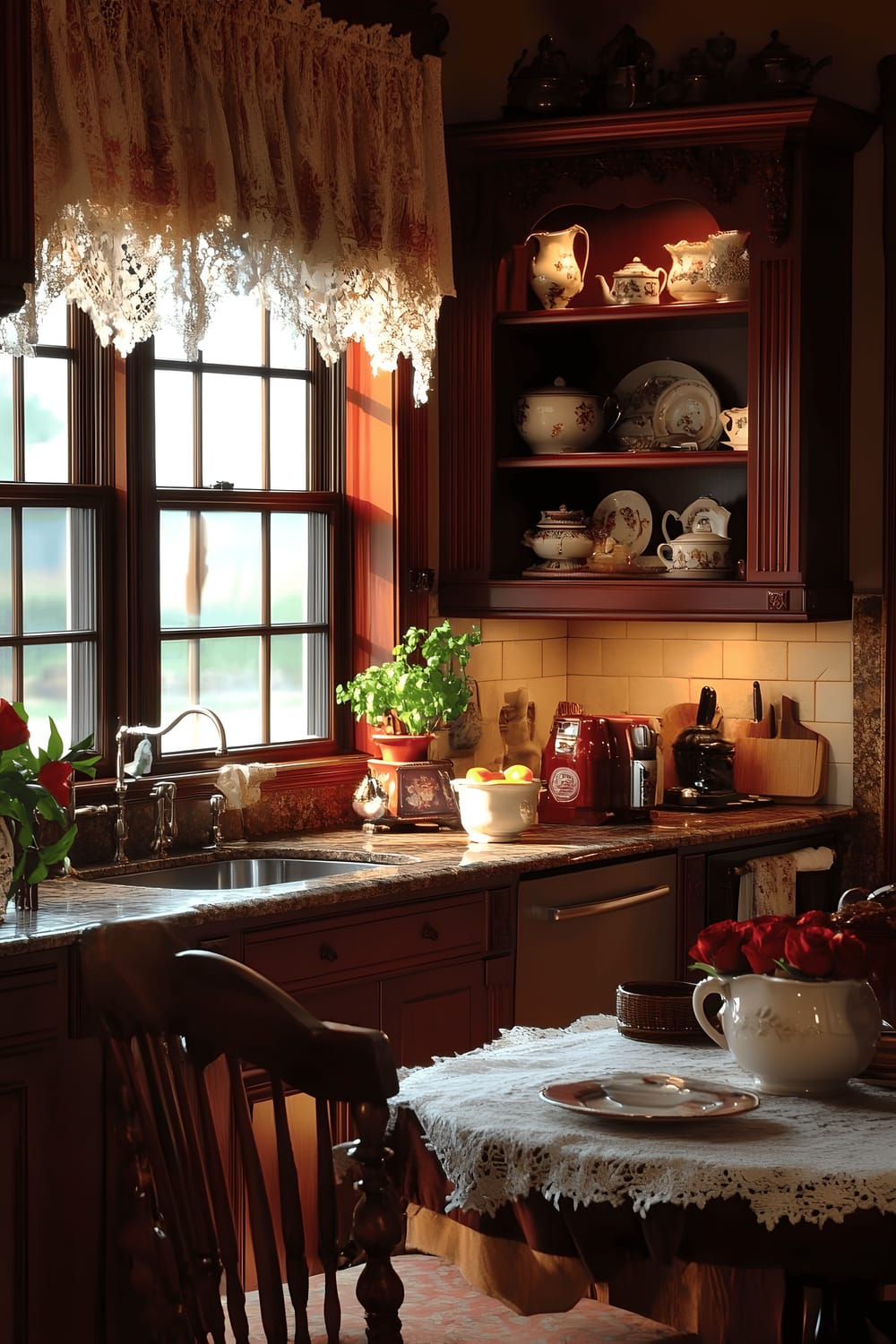 A Victorian-inspired, sophisticated kitchen space furnished with ornate cabinetry in deep burgundy and rich mahogany. Intricate carvings and antique brass handles adorn the cabinets while marble countertops host vintage-style appliances and delicate porcelain dishware. A large window covered by lace-trimmed curtains filters in soft light that illuminates a wrought iron chandelier, casting a warm, glowing illumination. Nearby, a classic wooden dining table with upholstered chairs lies, draped with a lace tablecloth and featuring a vase of fresh roses. Surrounding the room, open shelves present a vintage teapot, an antique clock, and framed botanical prints are displayed on the wall.