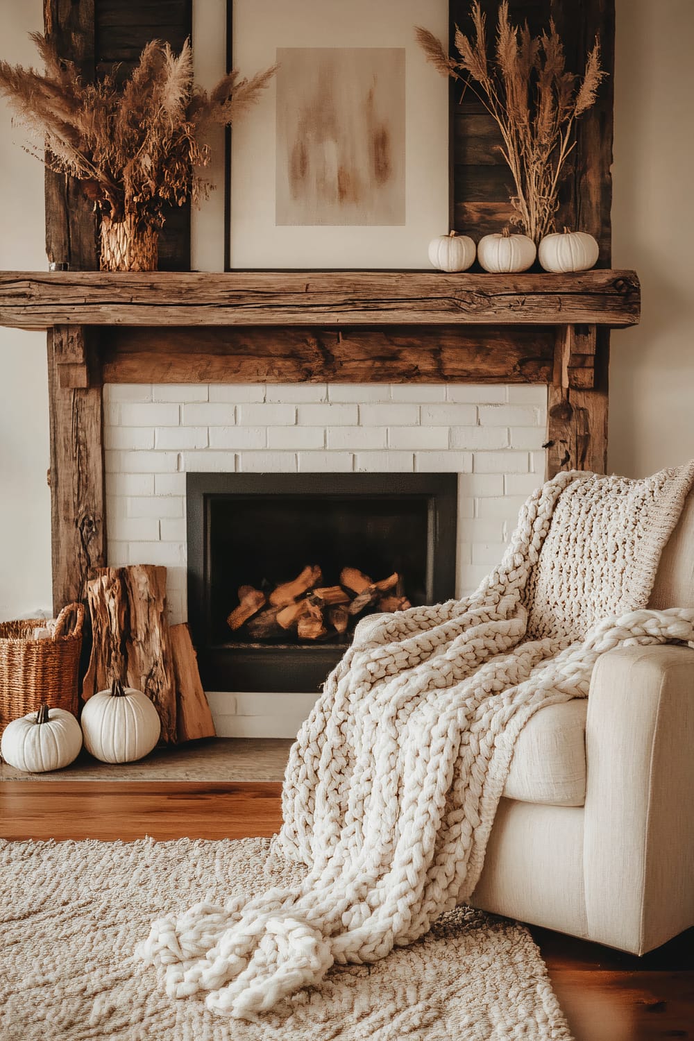 A rustic living room fireplace decorated in earthy, autumnal tones. The fireplace features a white painted brick surround with a black firebox. A solid, reclaimed wood mantel holds dried pampas grass arrangements in wicker vases, soft, abstract wall art, and small white accent pumpkins. Beside the fireplace, a wicker basket filled with logs and more white pumpkins adds to the seasonal decor. To the right, a beige armchair draped with a chunky knit cream-colored blanket sits on a textured rug, enhancing the warmth and coziness of the setting.