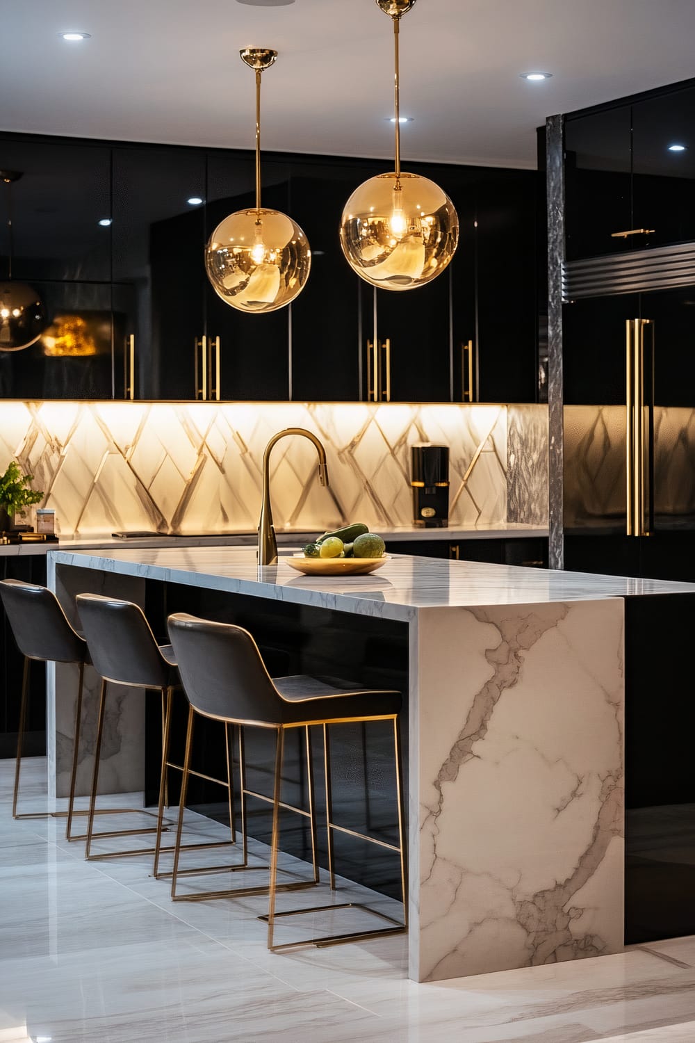 A modern kitchen showcasing a sleek design with a luxurious white marble island and minimalist bar stools. The island features a high-arch golden faucet and a large bowl with fruit. Above the island, two golden spherical pendant lights add an opulent touch. The cabinetry is in glossy black with gold handles, and the backsplash has a geometric pattern illuminated by under-cabinet lighting.