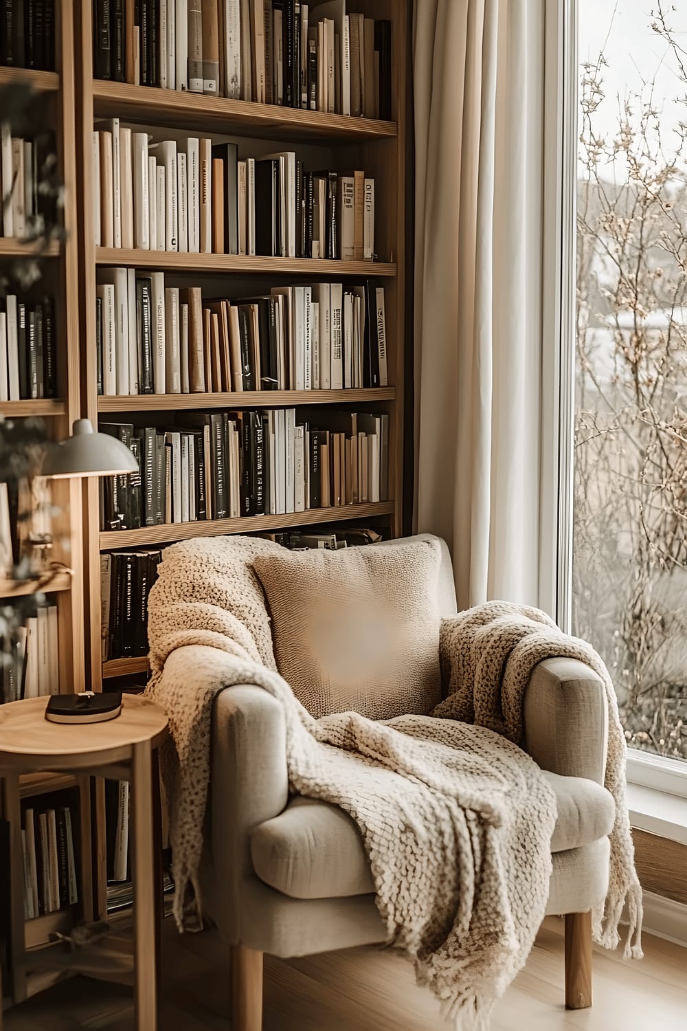 A Scandinavian style home library filled with light wood bookshelves containing various books. A cozy reading chair draped with a soft blanket sits beside a minimalist wooden side table with a lamp. A large window pours in natural light, highlighting the neutral tones and minimalistic decor of the room.