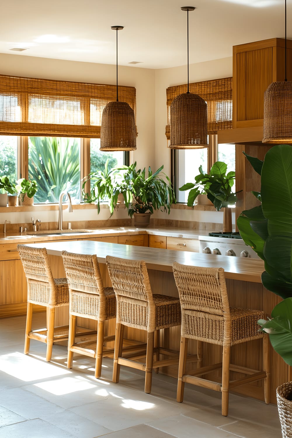 A tranquil tropical Zen-inspired kitchen. The space predominately features light bamboo cabinetry and natural stone countertops for a touch of earthy refinement. Large windows lined with woven rattan blinds douse the room in a generous amount of sunlight that is beautifully complemented by the indoor greenery, including a tall fiddle leaf fig tree and hanging potted orchids. A central island constructed from reclaimed teak wood chimes in with a built-in sink and minimalist bar seating adorned with rattan chairs. The open wooden shelves are carefully arranged with earth-toned ceramic cookware and handmade macramé plant hangers. Illuminated by the soft, ambient light cast by paper lantern fixtures, the space is a warm and serene tropical retreat that harmoniously blends with Zen simplicity.