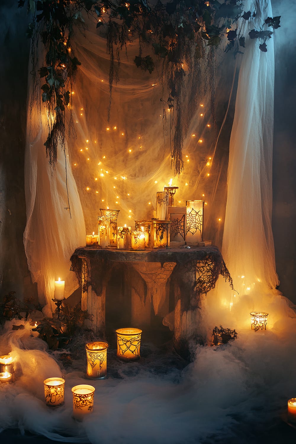 An enchanting Halloween display featuring a mystical altar set against a backdrop of ethereal, glowing fabrics. The altar is adorned with lit candles in intricate holders, casting a warm, magical light. Floating candles and decorative elements, including spider-web-patterned holders and hanging vines, complete the mystical ambiance.