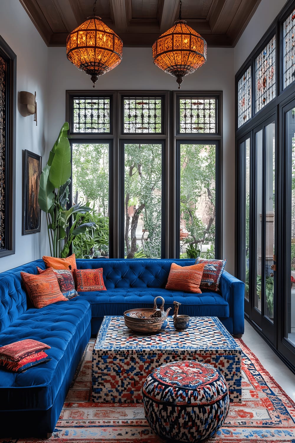 A small, vibrant living room combining contemporary and Moroccan elements. A rich blue, velvet, tufted sofa backed up to a decorative metal screen that's set in front of a large window. A mosaic tiled coffee table sits in front with patterned pouf ottomans nearby. Moroccan lanterns hang from the ceiling, casting intricate patterns of light and shadow across the room.