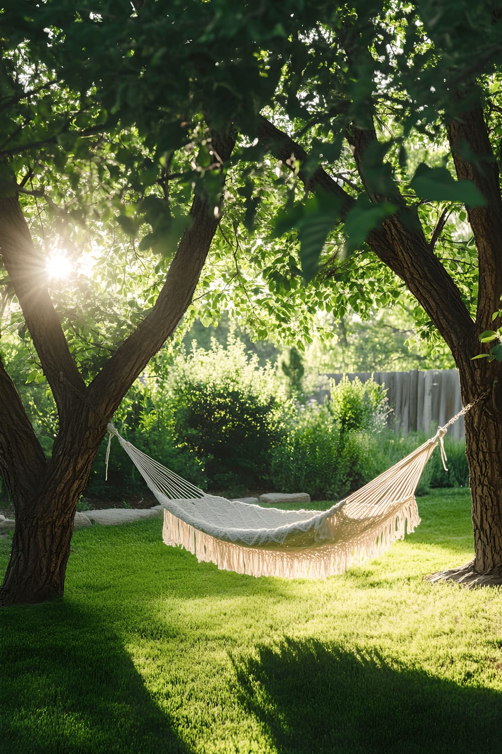 A serene outdoor scene in a backyard, featuring a white macramé hammock gently swinging between two robust oak trees. The lush canopy of the trees provide a natural umbrella, with dappled sunlight permeating through and scattering light specks across the thick grass beneath. The yard is devoid of human presence.