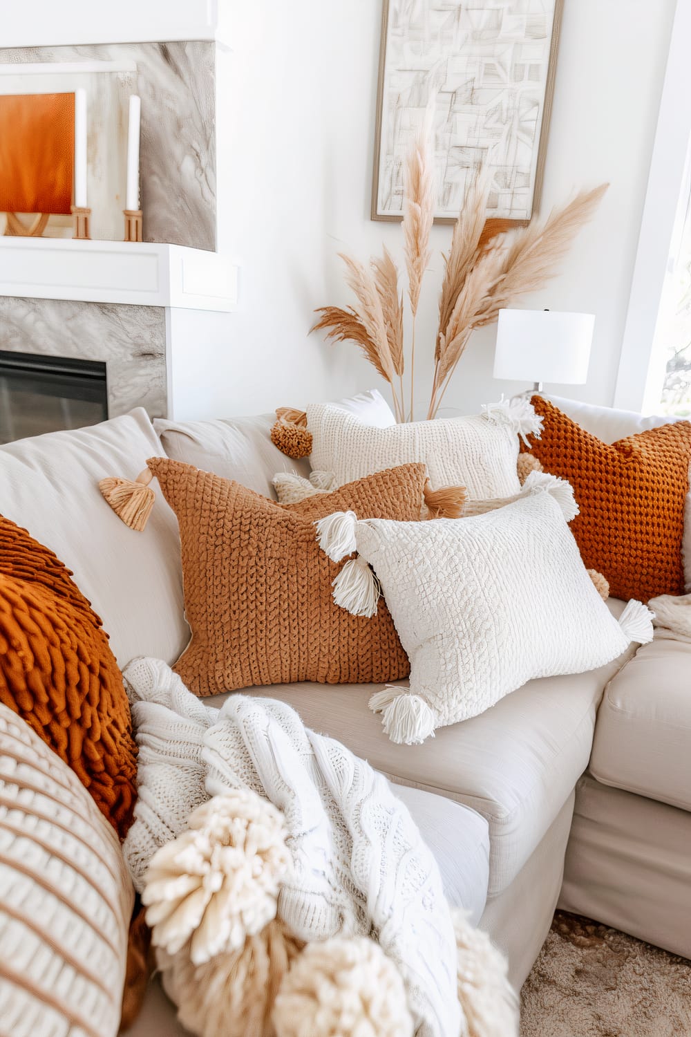 This image showcases a beige sectional sofa adorned with a variety of knit cushions and a woven throw blanket. The cushions vary in texture and color, featuring hues of orange, brown, and cream, each with tassels. Behind the sofa is a white wall with abstract artwork and dried pampas grass in a ceramic vase. A portion of a fireplace is visible to the left, with two white candles in wooden holders on its mantel.