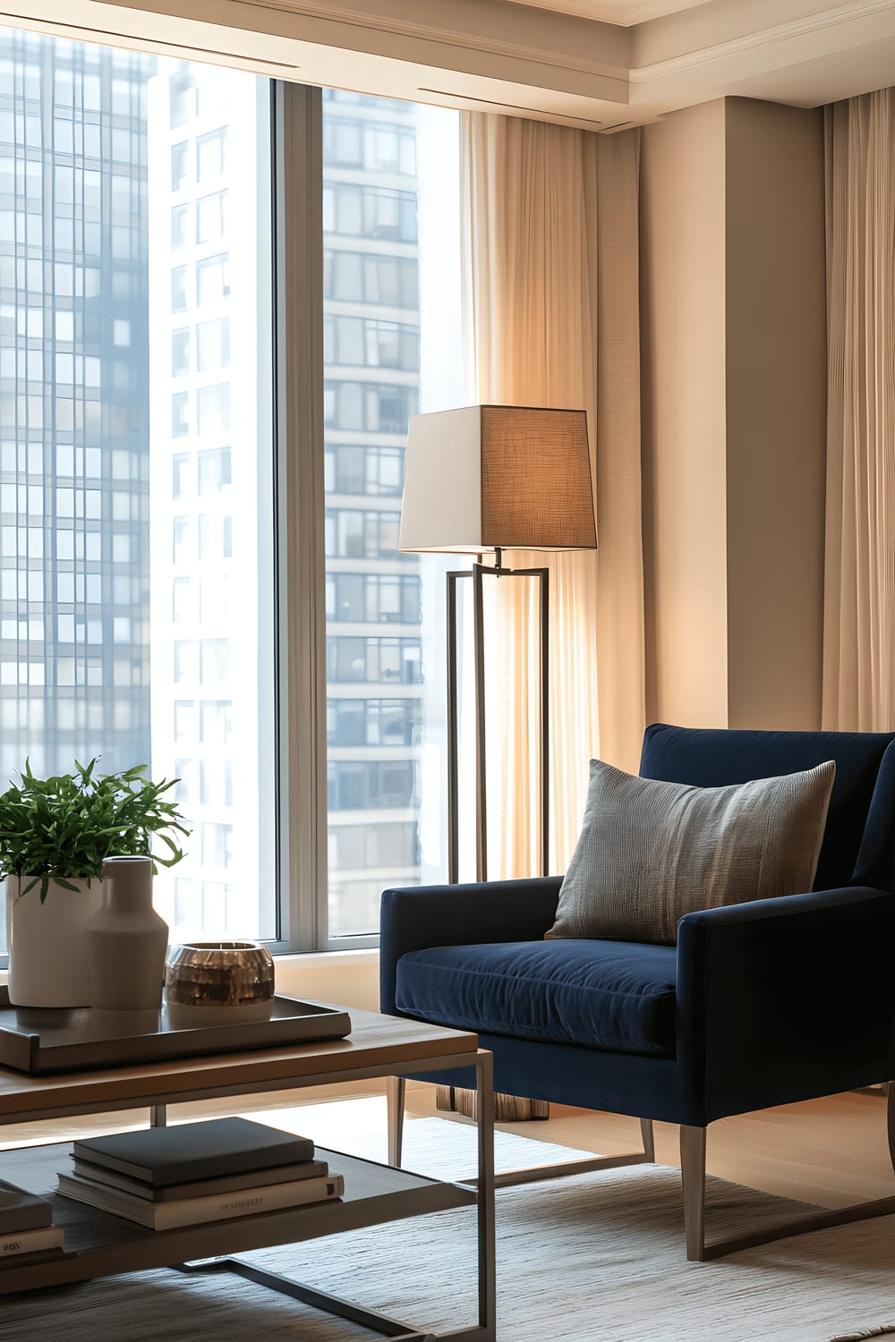 A low-angle view of an apartment living room featuring a navy blue plush armchair, a sleek metal floor lamp, and a minimalist wooden coffee table adorned with a few well-chosen decor items, all under the warm glow of natural light streaming in through large windows.