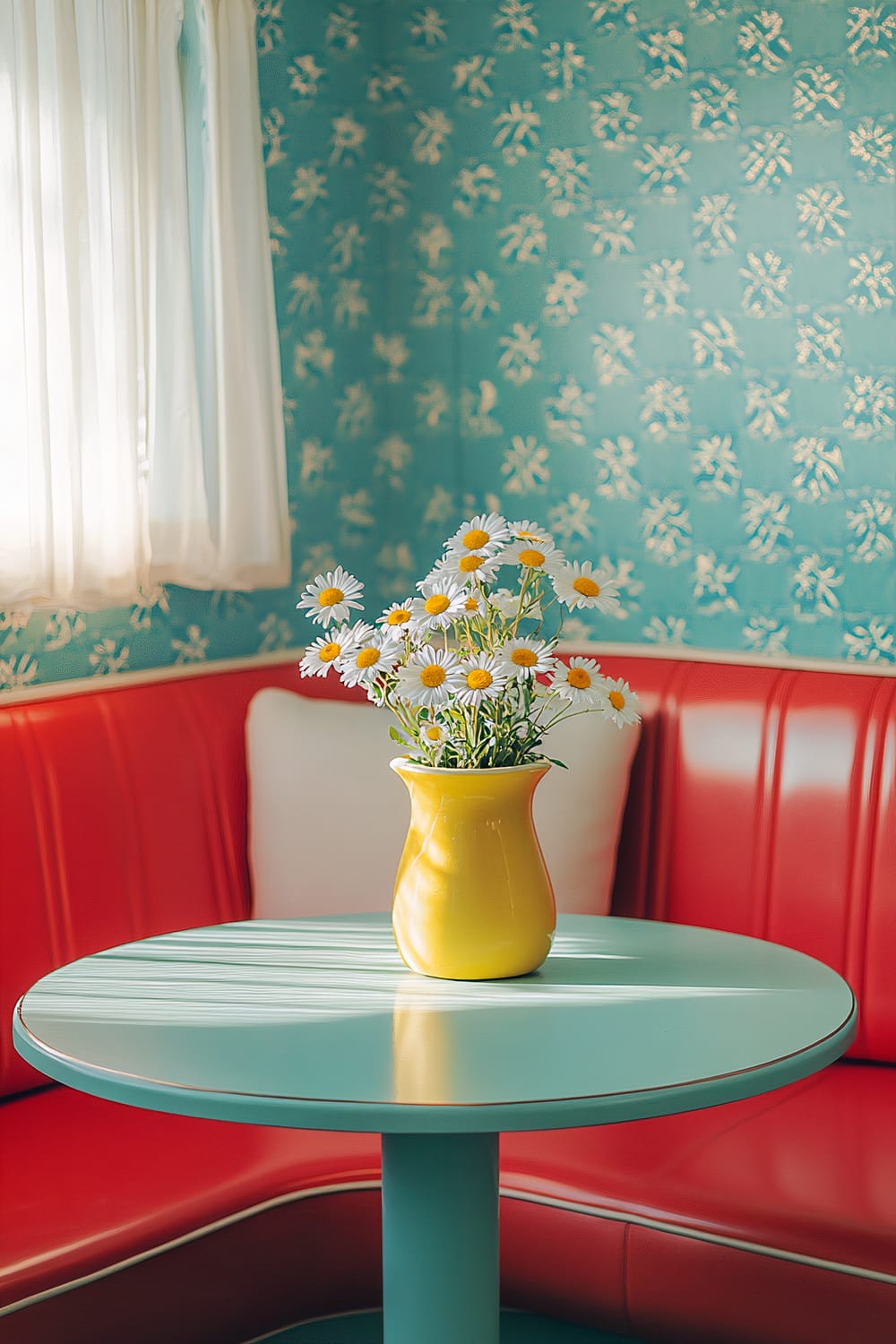 A vintage 1950s breakfast nook featuring a red vinyl bench with two white cushions, a round pastel blue table with a single yellow ceramic vase holding three daisies, and a patterned teal wallpaper background. Bright morning sunlight streams in, highlighting the cheerful colors and uncluttered, cozy scene.