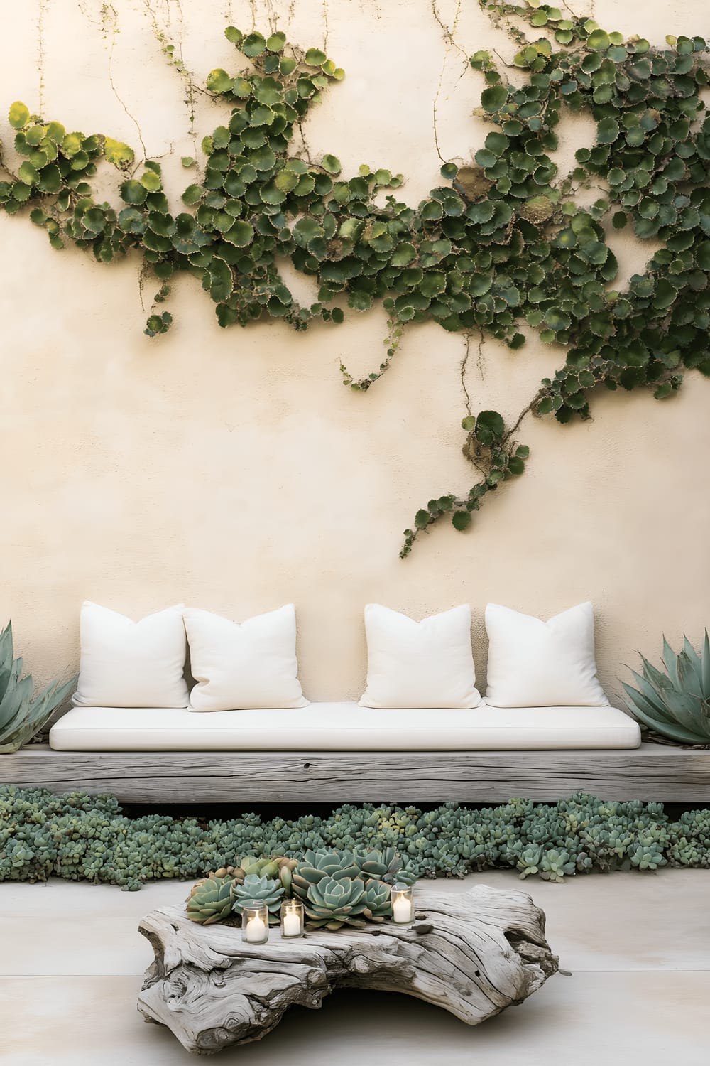 A serene outdoor patio with a solid stone bench, embellished with minimalist white cushions. The area is surrounded by a low wall filled with a rich mix of succulent plants, including echeverias, jade plants, and sedums, against the backdrop of a soft beige stucco wall adorned with climbing ivy. One standout feature is a centerpiece made of driftwood, which holds small tealights.