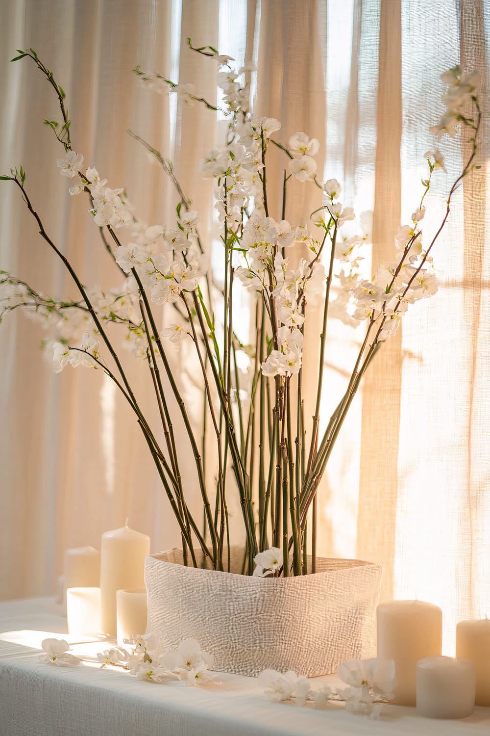 A minimalist arrangement featuring slender bamboo stalks placed in a simple white linen basket. The setup is accented with soft beige ribbons and small white blossoms, and includes several white candles surrounding the basket. The scene is softly illuminated by natural light, creating a serene atmosphere.