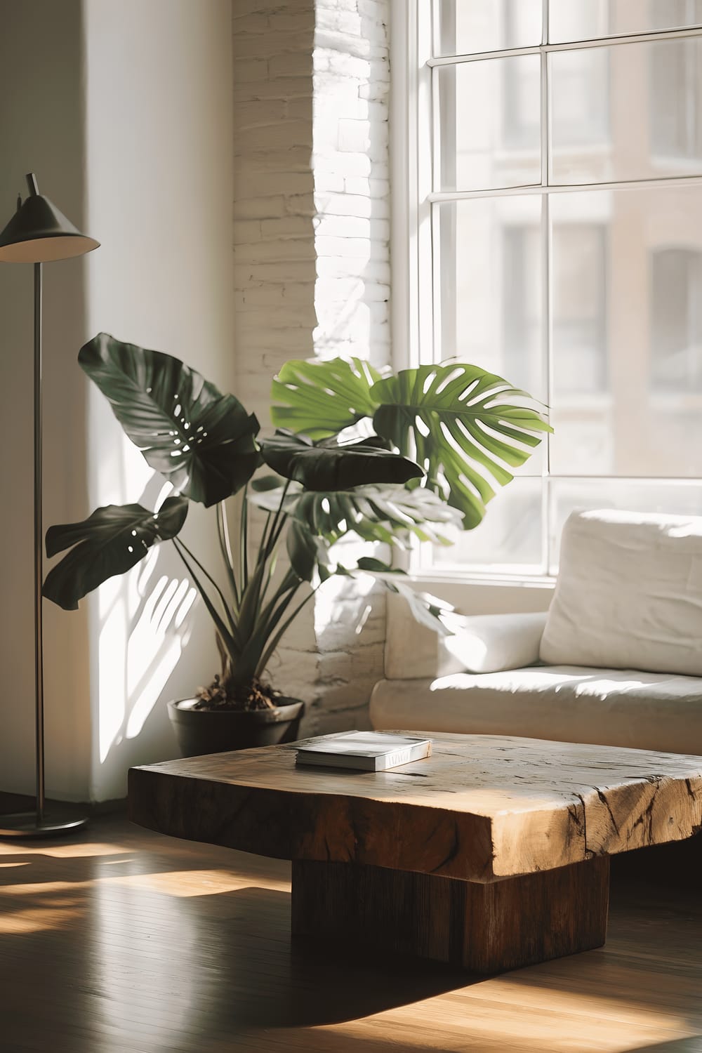 A minimalist living room flooded with natural sunlight. The room features a reclaimed wood coffee table, an industrial metal floor lamp, and a large Monstera Deliciosa plant by a sizeable window. The sunlight enhances the contrast between the natural wood textures and the room's polished concrete floor.