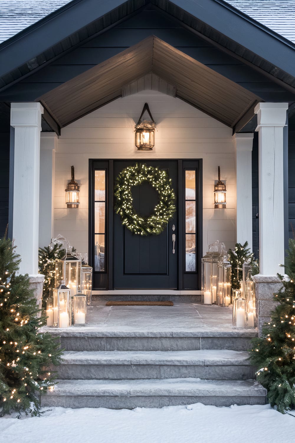 The image depicts a festive and inviting front porch in a snowy setting. The porch features a dark, midnight blue door adorned with a large, illuminated wreath. Flanking the door are tall, elegant lanterns filled with candles, casting a warm glow. Matching wall-mounted lanterns enhance the cozy ambiance. The steps leading to the porch are lined with miniature evergreen trees decorated with twinkling lights, complementing the snowy landscape.