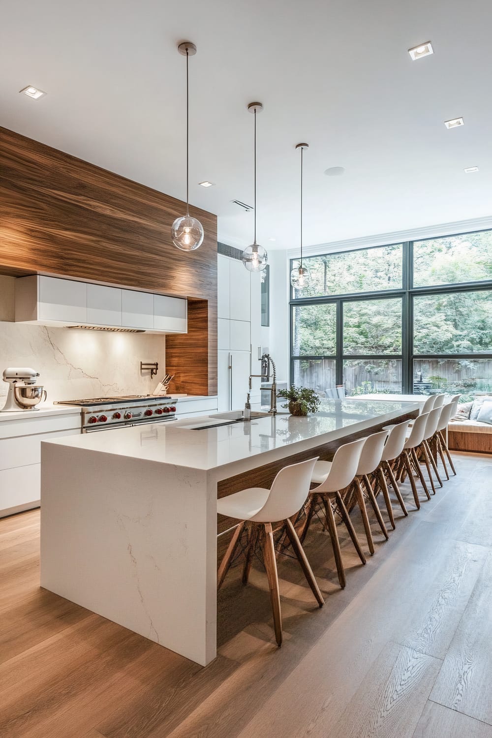 This image showcases a modern kitchen featuring a large island with a white quartz countertop and wooden elements. Above the island hang three round pendant lights with exposed bulbs. The kitchen is equipped with high-end appliances including a commercial-grade gas stove and a stand mixer. The cabinetry is a seamless blend of white lacquer and wooden panels, creating a polished, minimalist aesthetic. Floor-to-ceiling windows in the background allow an abundance of natural light, offering a view of lush greenery outside. Right beside the windows is a built-in bench with cushions, providing a cozy nook for relaxation.