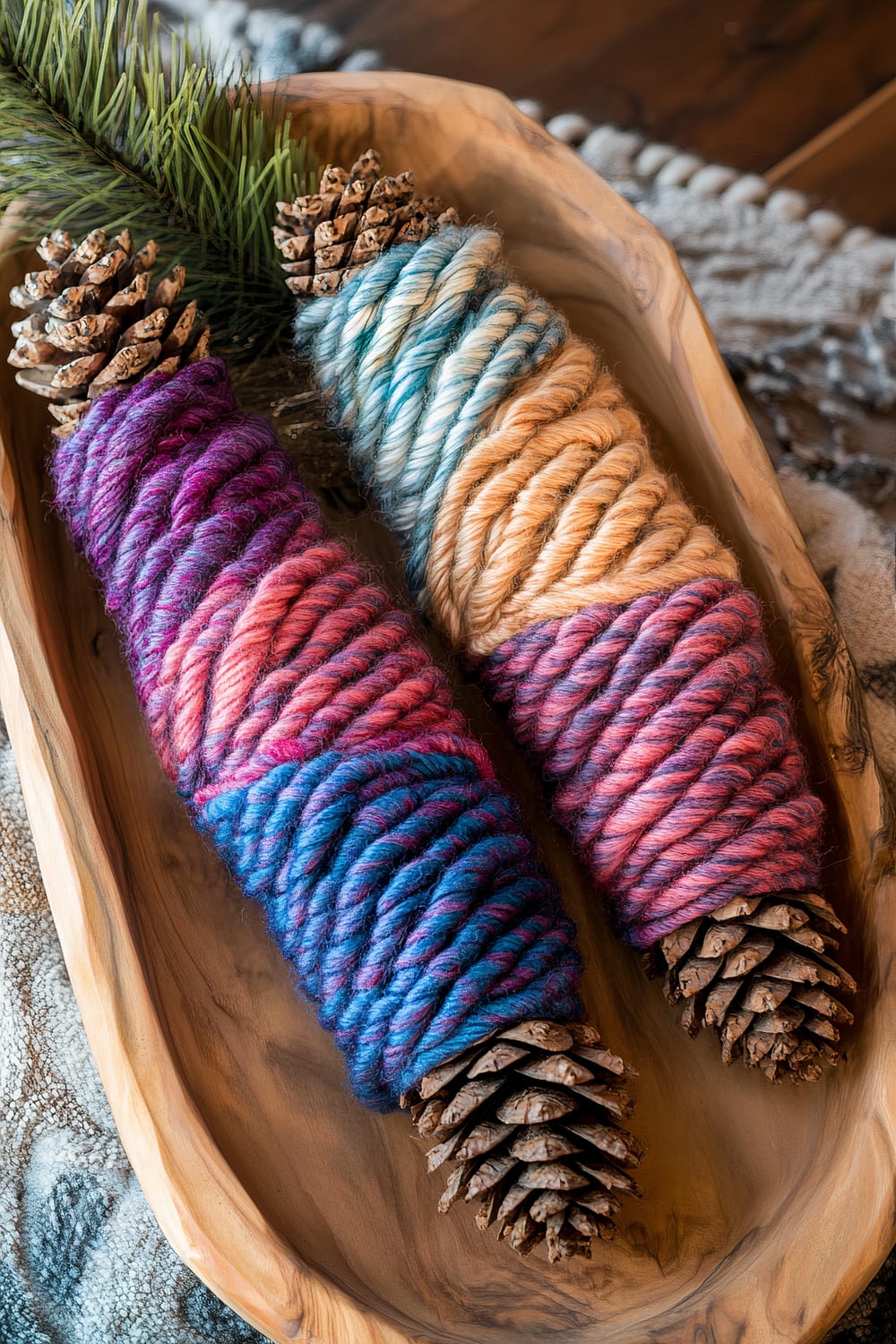 Pinecones wrapped in colorful yarn displayed in wooden tray with pine branch