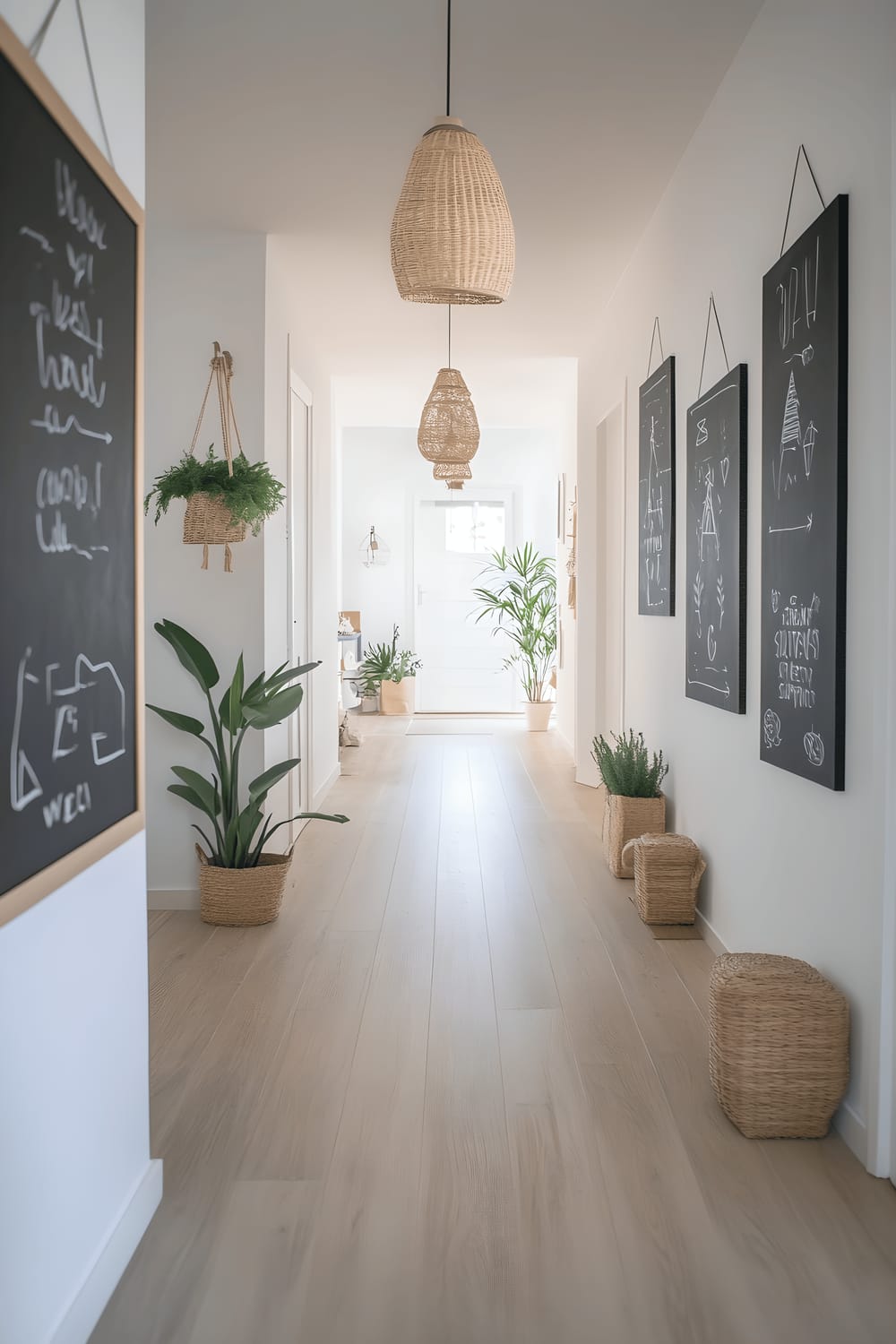 A bright Scandinavian-inspired hallway with light wood flooring and minimalist lighting fixtures. The hallway is decorated with a series of small chalkboards hung on the wall in a gallery style. Each chalkboard showcases a unique piece of chalk art, such as simple line drawings, quotes, or geometric shapes drawn in white and pastel chalk. A few understated potted plants add a touch of natural beauty to the scene.