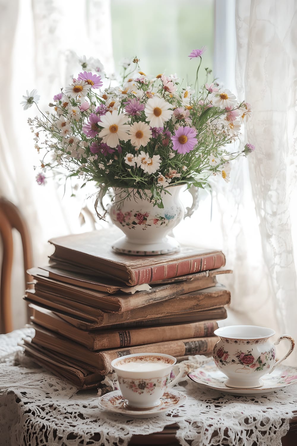 A charming interior scene featuring a stack of vintage hardcover books crowned with a bouquet of vibrant wildflowers in a delicate porcelain vase on a classic wooden table. The ensemble sits on a lacy white tablecloth, accompanied by miscellaneous antique tea accessories. A soft, natural light pervades the scene through sheer curtains, accentuating the authentically vintage and nostalgic tones of the setup.