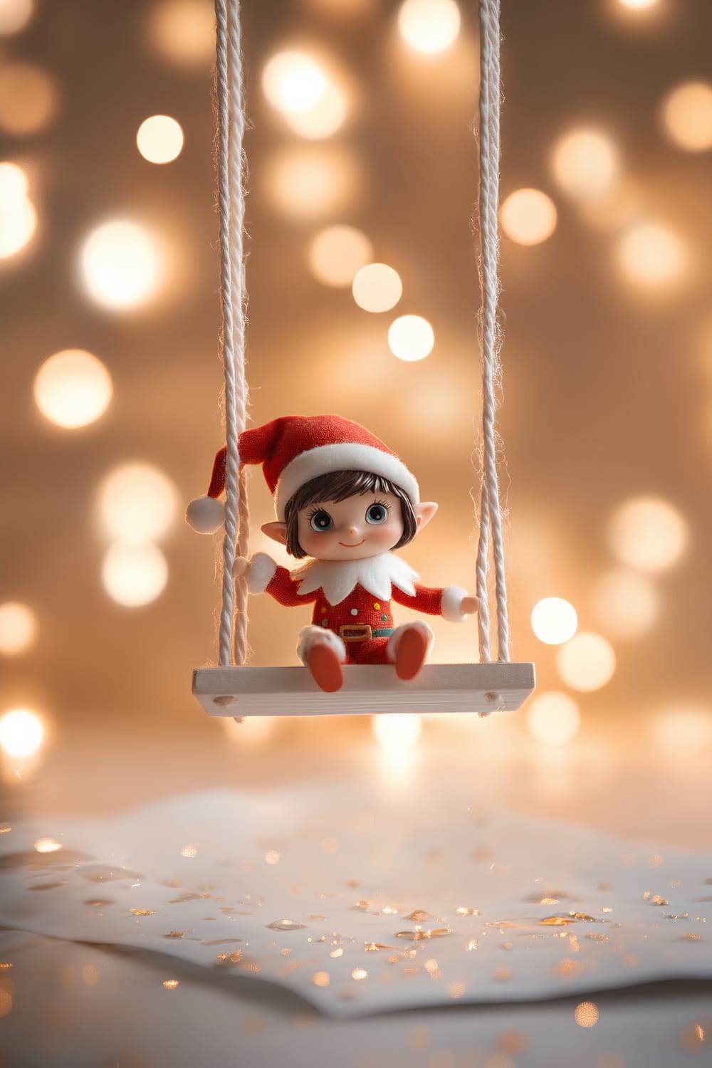 A joyful Elf on the Shelf is seated on a miniature swing that is suspended by white ropes. The elf has a happy smile and looks directly at the viewer. The background is uncluttered with soft, warm lighting and bokeh effects highlighting the elf and the swing. The surface below is clean with scattered golden specks.