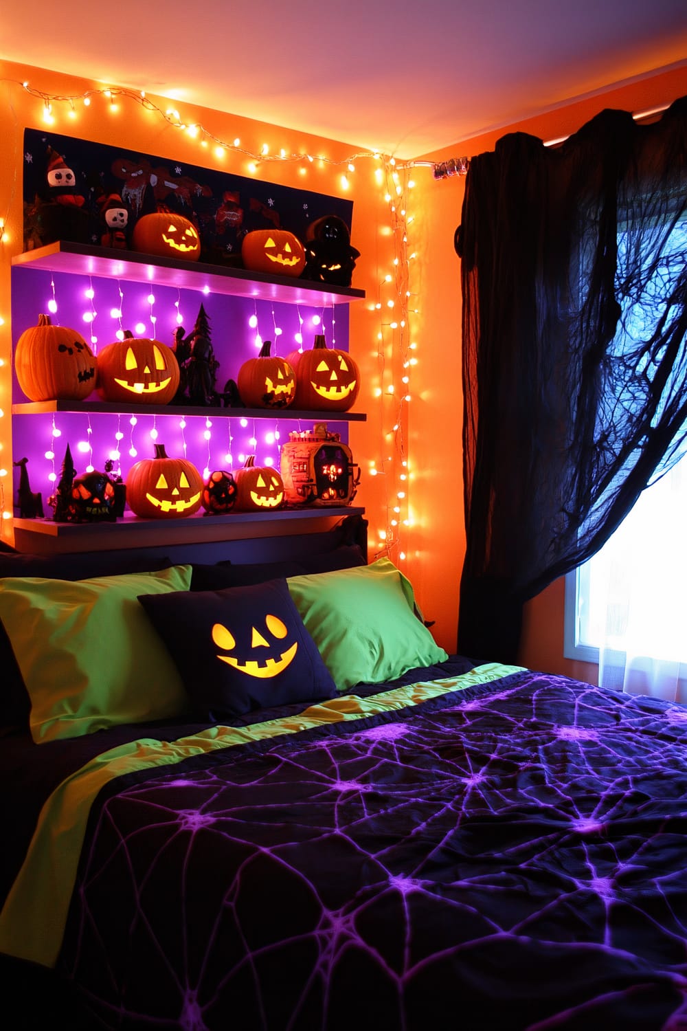 An indoor Halloween-themed bedroom with orange walls and black curtains. The bed has green pillows, one with a jack-o'-lantern face, and a blanket with purple spiderweb designs. Above the bed, there are shelves holding illuminated jack-o'-lanterns with orange string lights draped around them giving a festive glow.