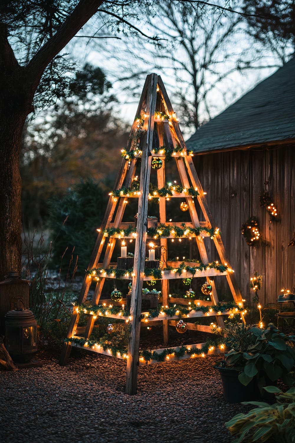 A rustic wooden outdoor Christmas tree frame is adorned with vibrant green and amber string lights. It stands in the yard of a farmhouse, illuminated by warm lantern light. The tree is decorated with candles, greenery, and ornaments, surrounded by garden elements including potted plants and a wooden structure in the background.