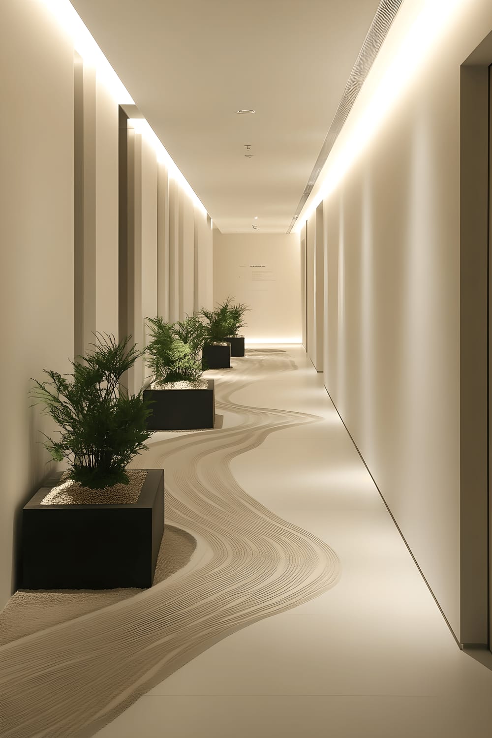 A straight-on view of a long, minimalist hallway with smooth white walls. The hallway features a hanging zen garden with flowing sand patterns, illuminated by soft, ambient lighting from recessed ceiling fixtures. The scene is complemented by subtle greenery housed in sleek black planters.