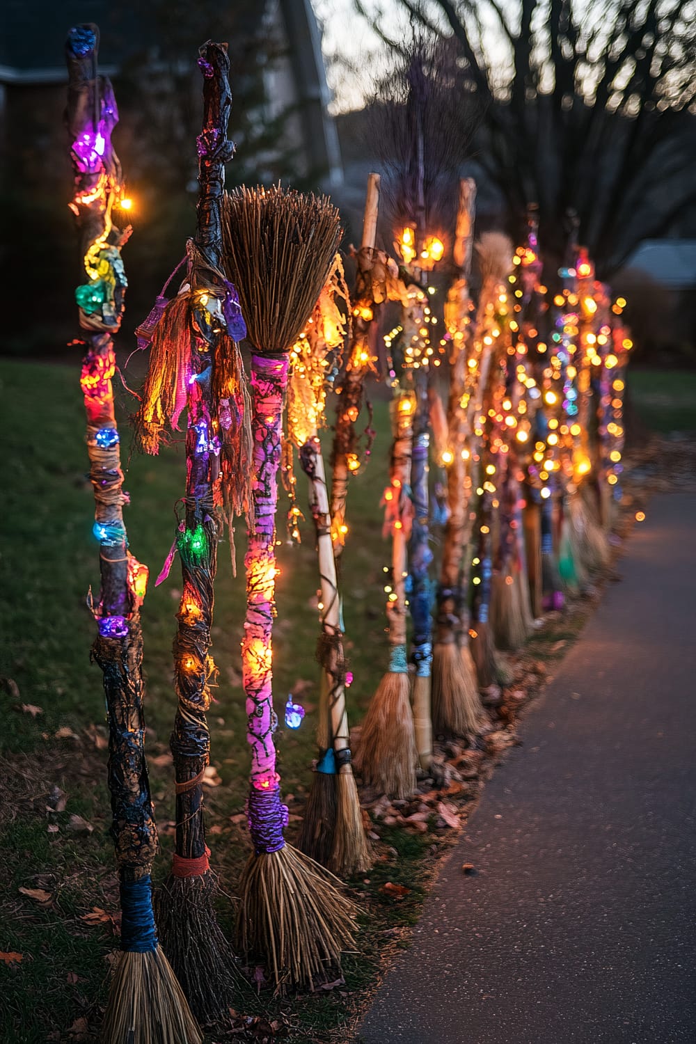 A collection of intricately decorated broomsticks arranged artistically on the driveway of a suburban home. Each broomstick has unique embellishments, including glowing runes, enchanted ribbons, and miniature charms that emit colorful lights. The scene is set at twilight, with ambient lighting casting long shadows and enhancing the magical details of the brooms.