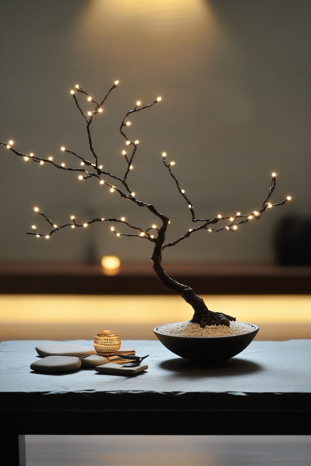 A minimalist bonsai tree adorned with tiny glowing string lights is set in a black bowl filled with white pebbles. The tree is placed on a stone table, beside a small woven lantern and flat stones. In the background, warm ambient lighting creates a serene atmosphere.