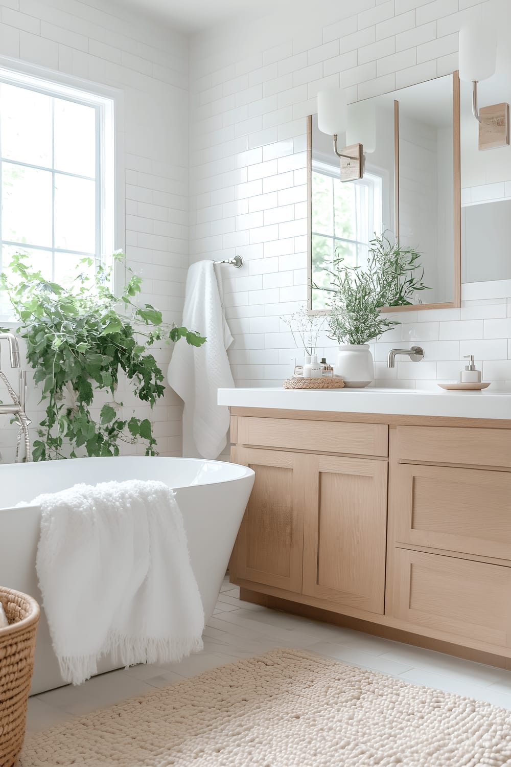 A broad view of a spacious and bright Scandinavian-style bathroom. The room features a freestanding bathtub with fluffy white towels, a minimalist vanity with sleek fixtures, light wood cabinets and white tiles. Large mirrors illuminated with soft lighting reflect the natural light coming in, adding to the voluminous feeling. The bathing area, in one corner, is accompanied by green plants for a fresh, spa-like ambiance.