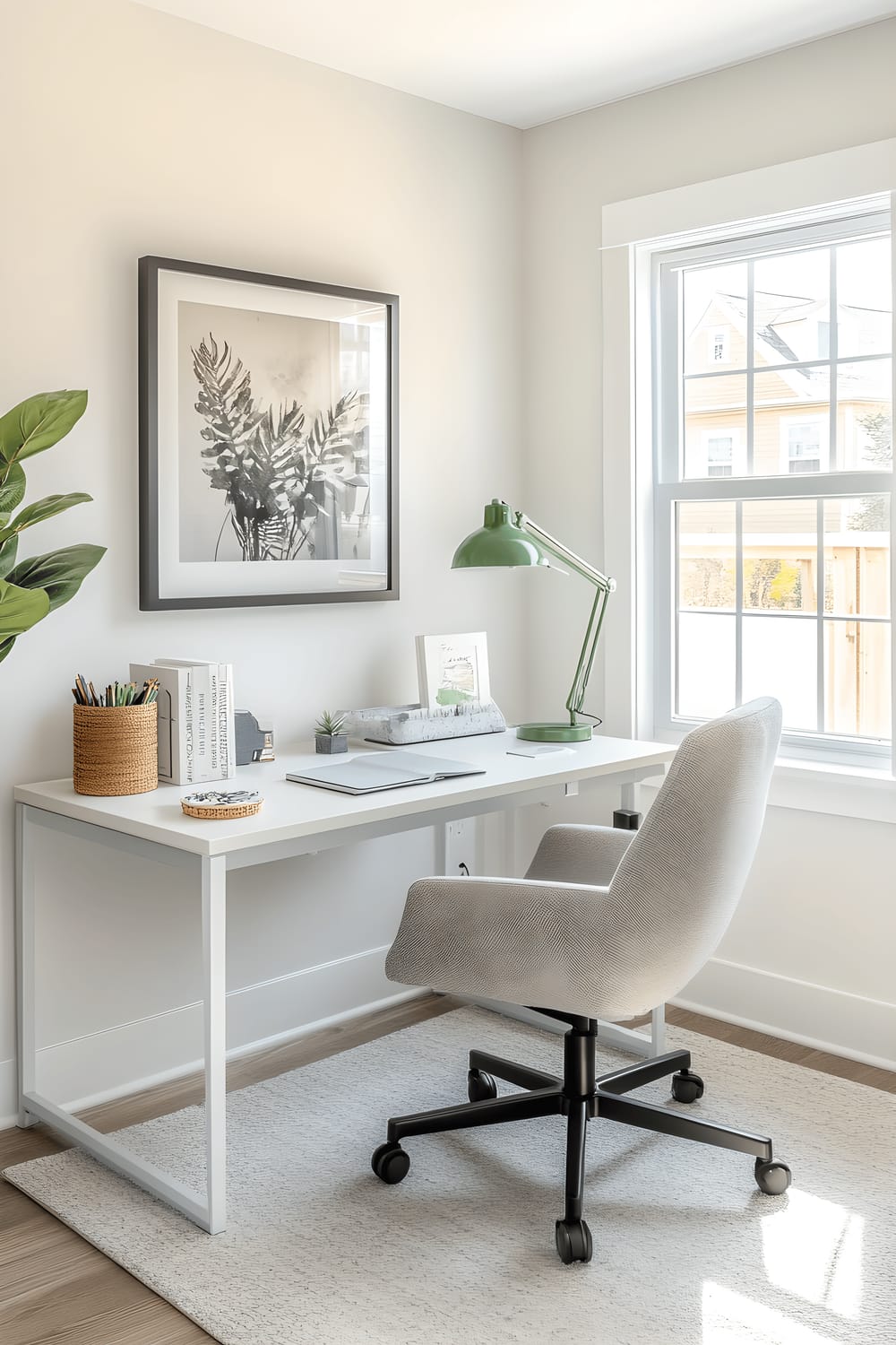 A bright, white-walled home office featuring light walnut furniture. A minimalist white desk houses a vintage-inspired green banker's lamp and neatly arranged pastel stationery. A Scandinavian-style ergonomic chair in gray is positioned next to the desk. Above the desk, a black-and-white photograph is hung on the wall, and a tall, slender bookshelf filled with a collection of design books and decorative objects sits adjacent to the desk.