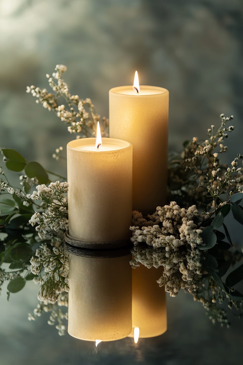 Two lit candles in neutral tones placed on a reflective surface, surrounded by sprigs of delicate white flowers and greenery, with their reflections visible beneath them.