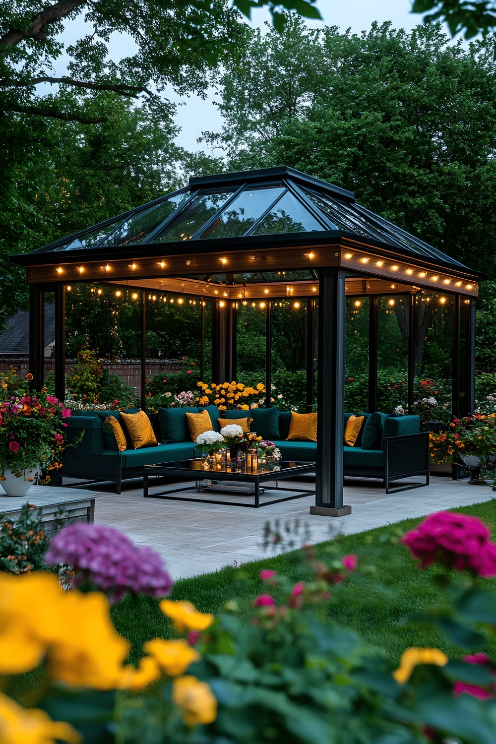 A luxurious modern gazebo in a vibrant garden, with transparent glass panels and a dark wood frame. The gazebo is furnished with deep navy and emerald green plush outdoor sofas, a sleek glass coffee table with contemporary decor pieces, and accented with gold throw pillows. Colorful blooming flowers surround the gazebo, and fairy lights are strung across the space, providing a magical evening ambiance.