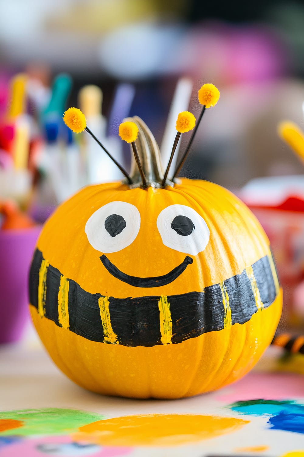 A pumpkin painted to resemble a bee, featuring a cute face with large, black-and-white eyes and a smiling mouth. The pumpkin is painted bright yellow with a black stripe across the middle, which includes yellow details. Antennae made of black wire topped with yellow pom-poms extend from the top of the pumpkin near the stem. The background shows a blurred mix of colorful art supplies such as markers and paintbrushes.