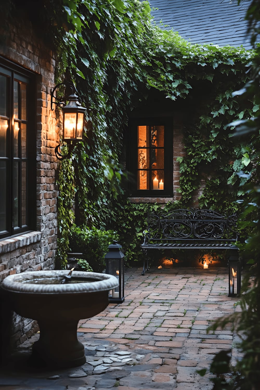 A secret garden by night, bathed in the soft light of hanging lanterns. Delicate stone fountain, ivy draped walls, vintage wrought iron bench, all illuminated warmly for a peaceful, evening escape.