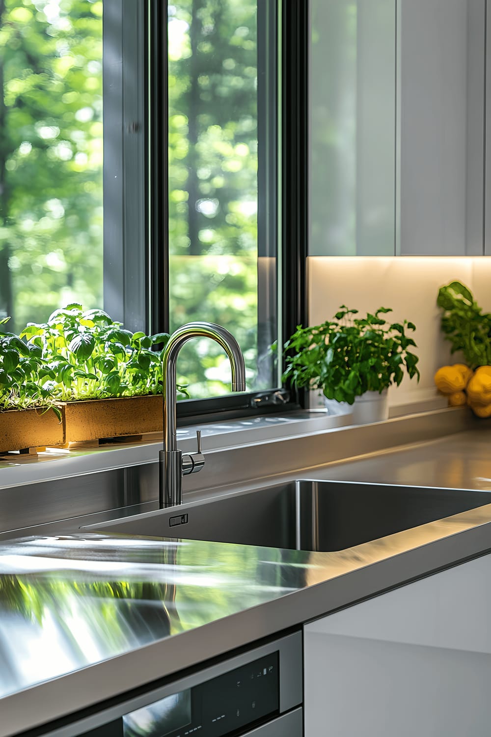 The image portrays a contemporary kitchen interior that's reflected on a shiny stainless steel countertop. It consists of sleek white cabinetry, black metal appliances elegantly dispersed, and a splash of brightness from a green herb garden grown on the windowsill. Soft, mellow lighting underscores the modern, clean aesthetic of the space.