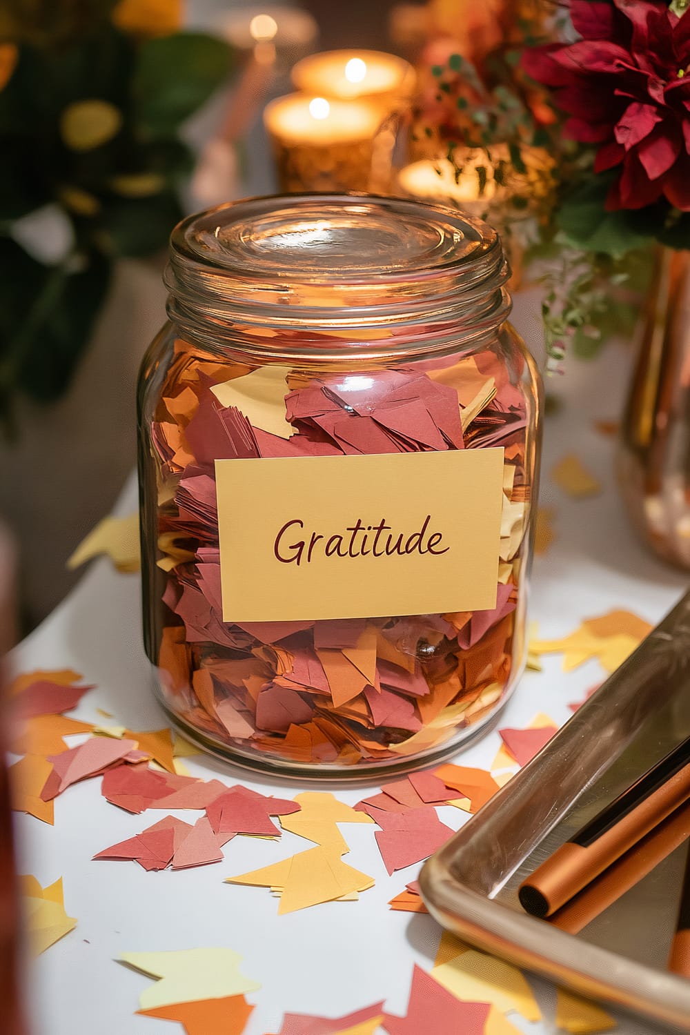 A Friendsgiving gratitude jar station features a large glass jar filled with deep red, yellow, and orange paper slips, labeled "Gratitude" in elegant typography. A metallic silver tray next to the jar holds autumn-themed pens and notepads, and a copper green decorative spoon is for picking the slips. The setup is illuminated by soft ambient lighting, with autumn leaves and candles in the background.