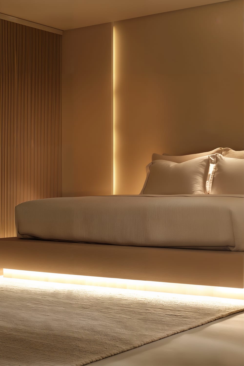 A modern bedroom featuring a floating bed and nightstands, illuminated by soft diffused lighting. The room has a neutral color palette with warm beige tones. Three minimalist hanging light bulbs are seen on one side. A simple vase with flowers sits on one nightstand, and a textured rug is placed on the floor. The decor is minimalist with subtle metallic accents, creating a spacious and airy feel.