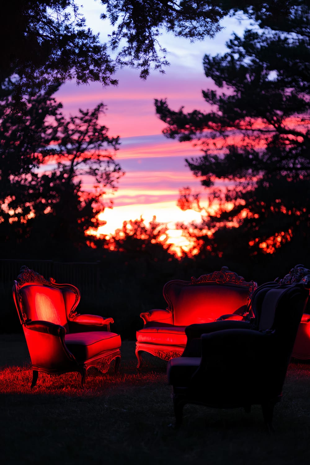 A set of outdoor furniture featuring exaggerated, sinister shapes is illuminated by deep red and dark violet lighting. The furniture includes ornate armchairs and a loveseat, arranged in an open, grassy area. The backdrop is a twilight sky with hues of orange, pink, and purple, and dark silhouettes of trees.