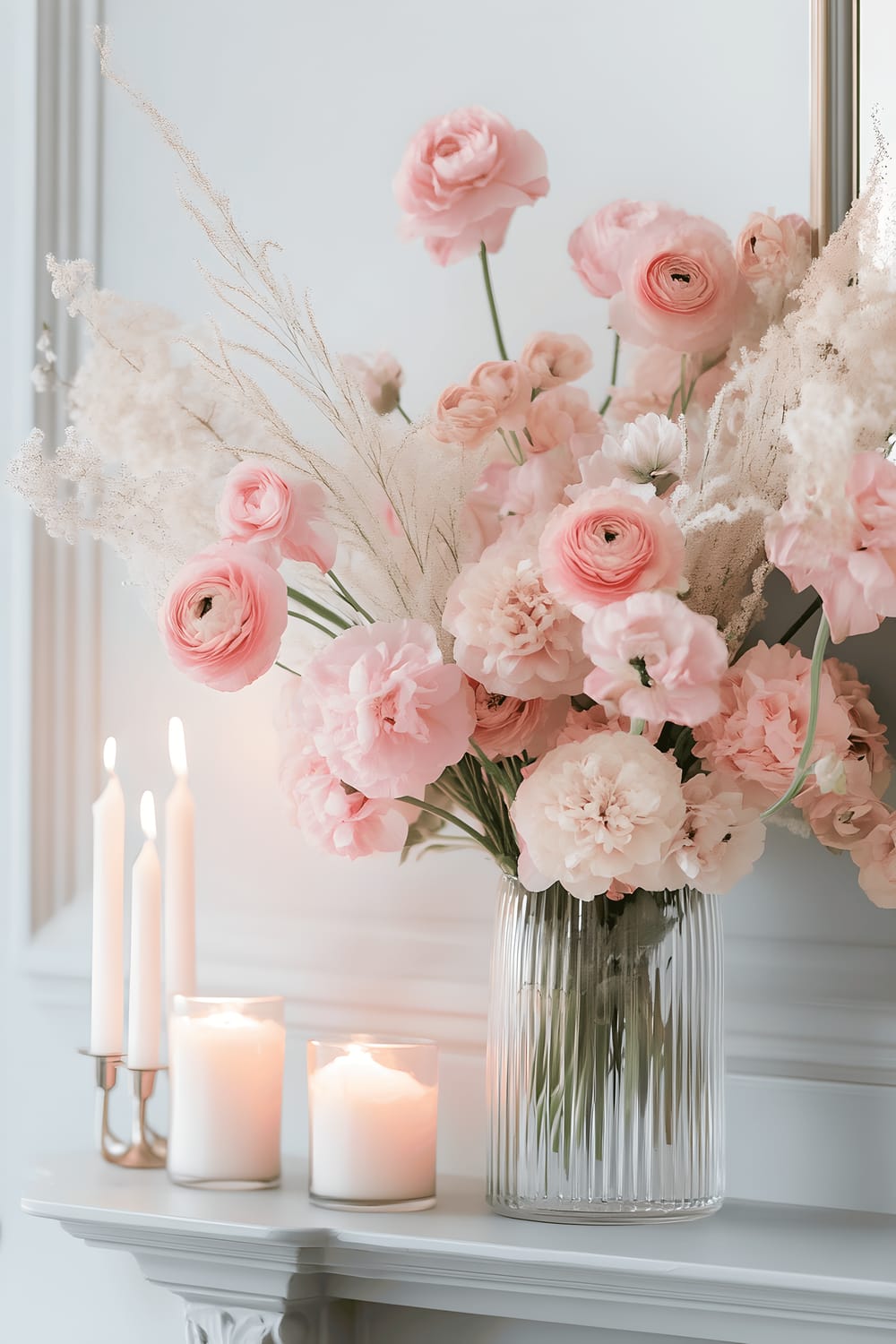 An elegant arrangement of various shades of pink flowers presented in different textures, placed in a clear glass vase. These are situated on a light grey mantelpiece. The arrangement is subtly lit by candlelight, emphasizing the monochrome palette.