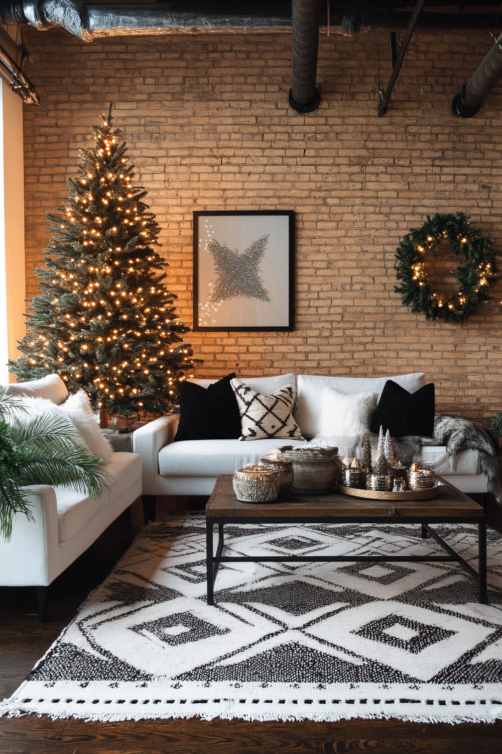 An industrial-chic living room decorated for Christmas, featuring a large, lit Christmas tree on the left side and a wreath on the exposed brick wall. The seating area includes white sofas with black and white patterned pillows, a black and white geometric rug, and a dark wooden coffee table adorned with decorative items such as woven baskets and miniature Christmas trees.