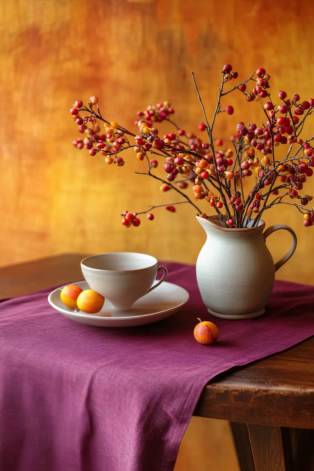 Minimalist coffee table setting with a cream-colored cup and saucer, three small apples, and a jug with red and yellow fall berries on a bold purple cloth. A warm-colored background complements the scene.