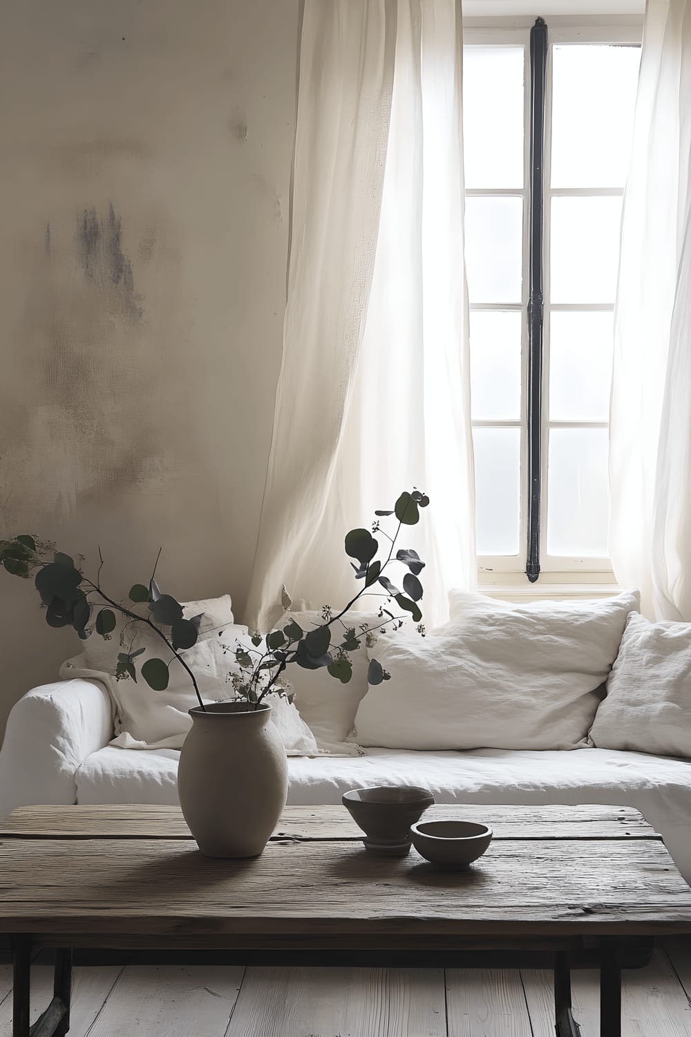 A calm, farmhouse-style living room with a light color palette, featuring a fluffy white linen sofa and a reclaimed wood coffee table in the center. The space is accentuated with black metal frames and simplistic ceramic vases filled with eucalyptus. A large window dressed with sheer curtains allows the natural light to permeate the room from both sides, highlighting the minimalism and the play of textures and natural materials in the room.