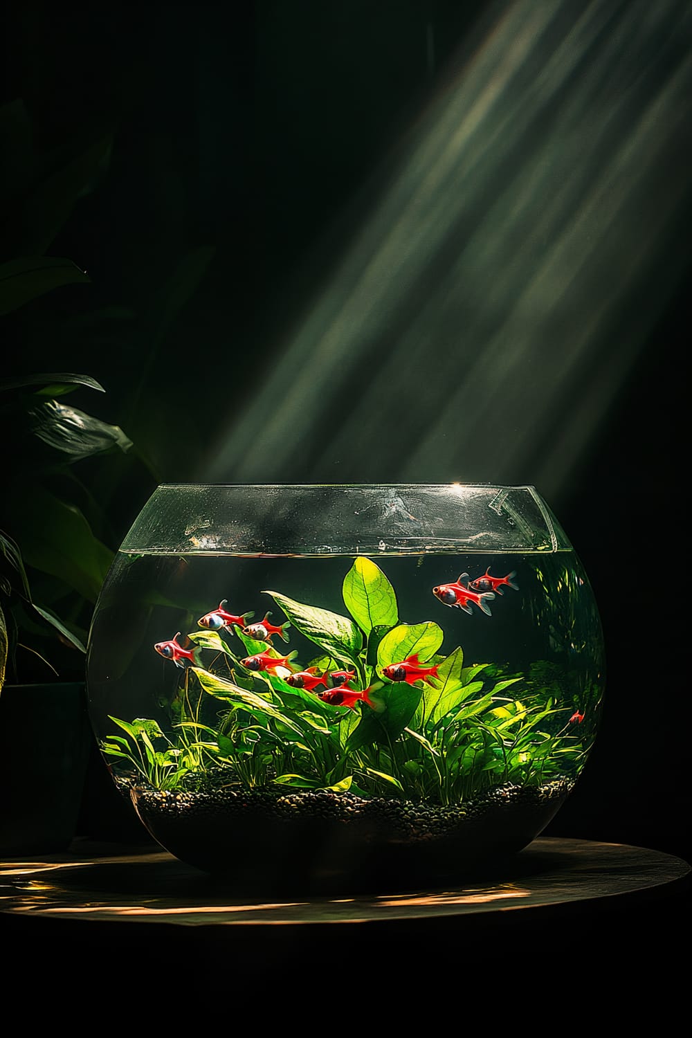 A spherical glass fishbowl placed on a wooden surface, with green aquatic plants and a group of small red fish swimming around. A beam of light shines down from the top right corner, illuminating the fishbowl and creating a serene atmosphere. The background is dark, adding a dramatic contrast which accentuates the vibrant colors inside the bowl.