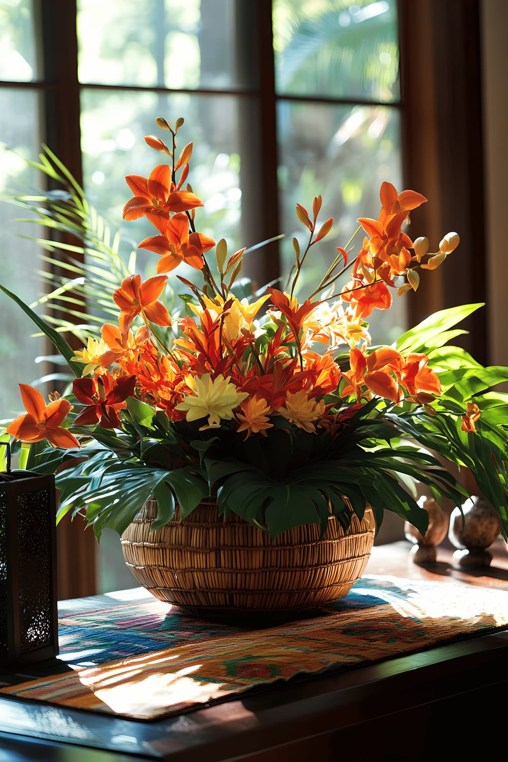 A vibrant Balinese centerpiece composed of orchids, heliconias, and anthuriums arranged in a woven bamboo basket. Surrounding decor includes carved wooden figurines and small bamboo lanterns. The centerpiece rests on a dark wooden tray with a colourful batik runner underneath, all placed atop a kitchen table. Filtered sunlight throws dynamic shadows and illuminates the display.