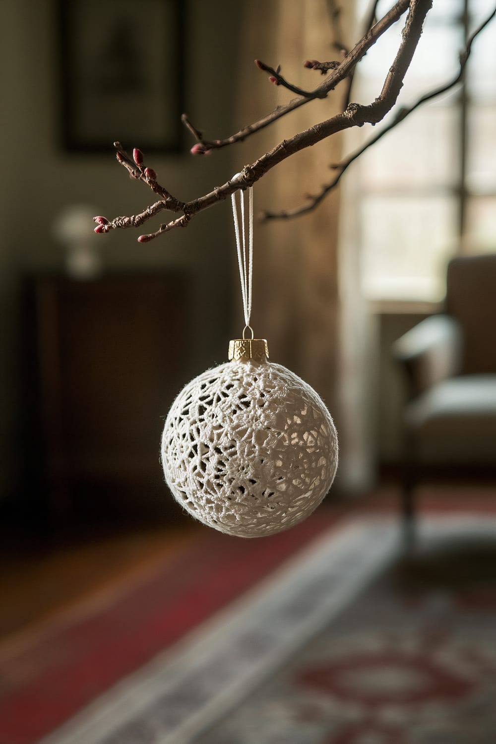 A detailed closeup of an intricate white lace Christmas ornament hanging gracefully from a bare vintage wooden branch. The ornament is beautifully lit by natural window light streaming into a traditional living room. In the softly blurred background, there is a classic rug and antique furniture.