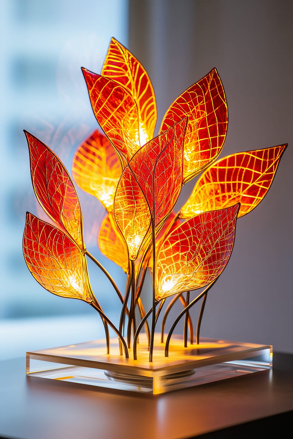 Artistic lamp designed to resemble a cluster of vibrant, glowing red and orange leaves. The leaves have an intricate vein pattern and are mounted on slender, curved metal stems that radiate from a clear base. The background is softly blurred, highlighting the lamp's details and warm illumination.